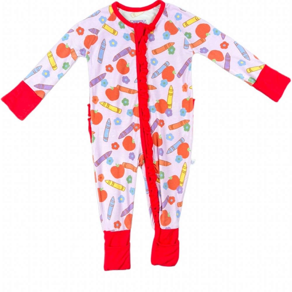 POPPY KIDS CO Baby Girl Back To School Bamboo Ruffle Romper/Sleeper - 0-3M